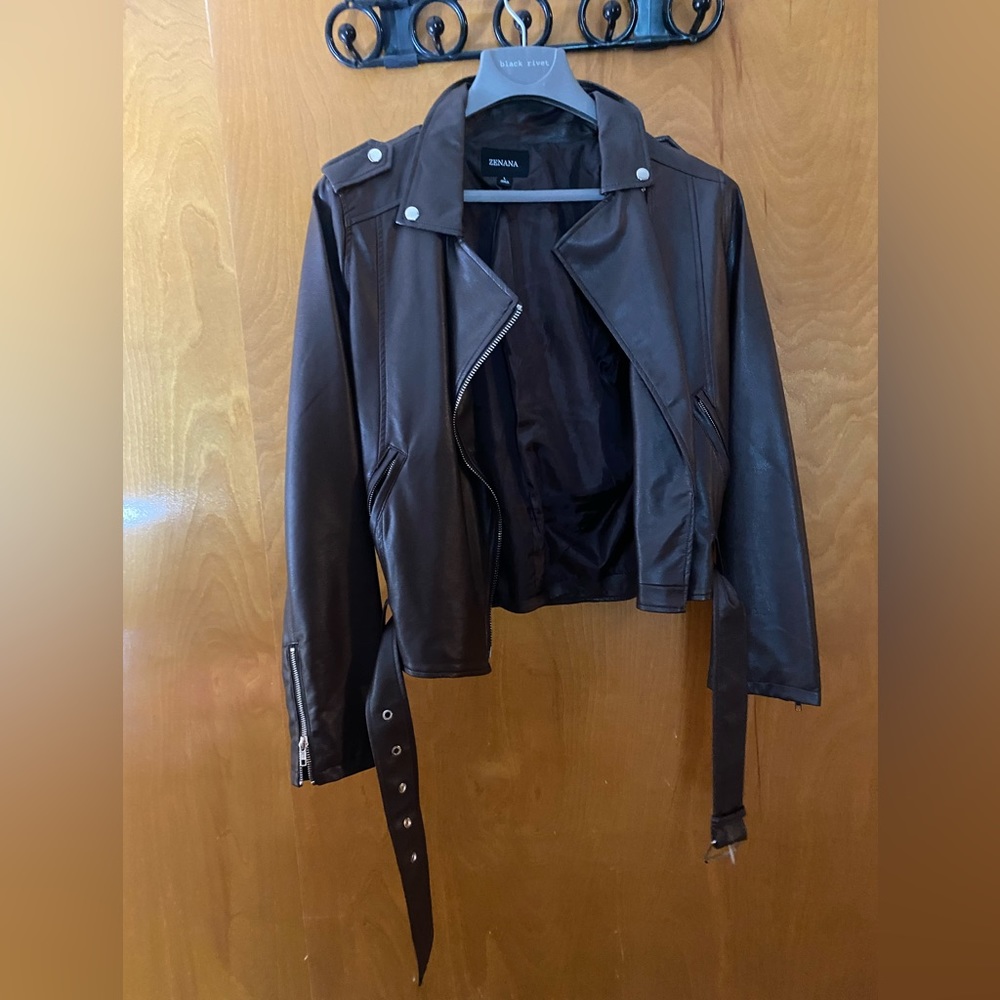 Dark Brown Vegan Leather moto jacket
